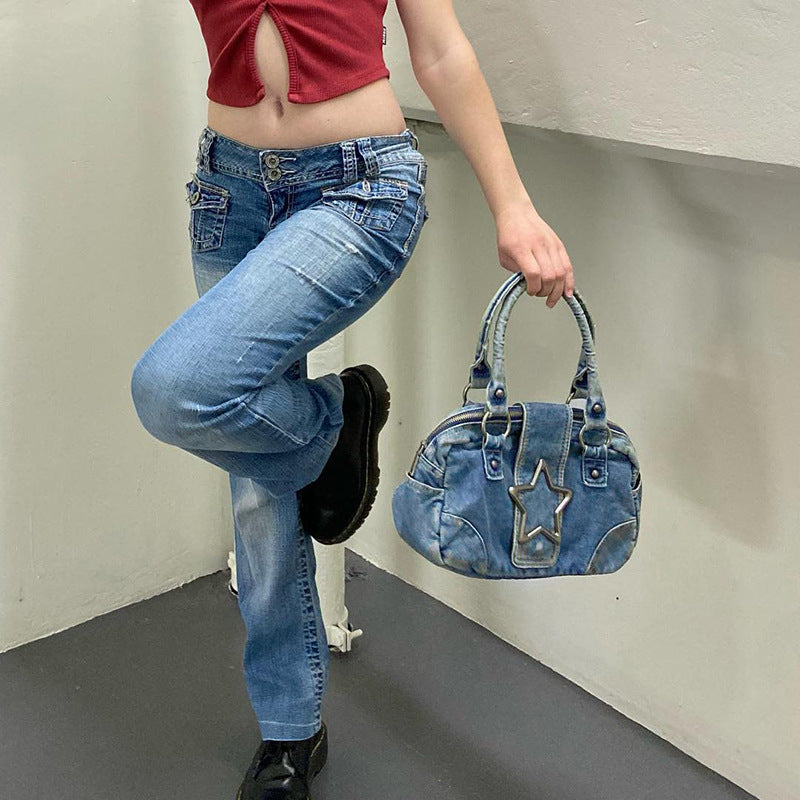 Fashion Retro Metal Five-pointed Star Decoration Denim Handbag For Women - Bellarte Enchanté Fashion Retro Metal Five-pointed Star Decoration Denim Handbag For Women